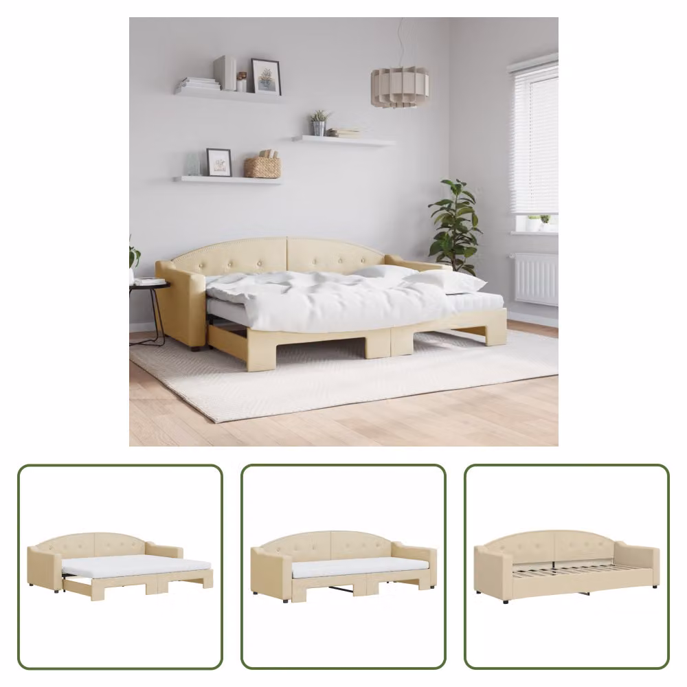 The Living Store letto da giorno allungabile con materassi panna 80x200 cm in tessuto