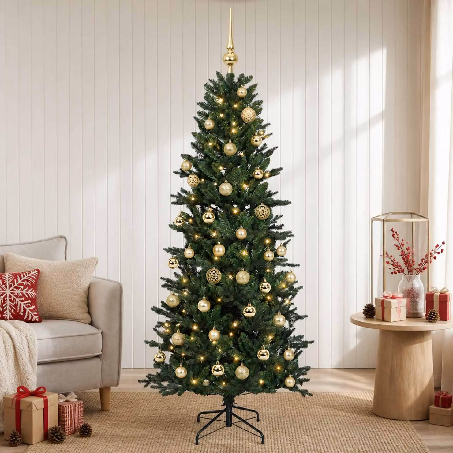 Albero di Natale artificiale con decorazioni natalizie, altezza 150 cm, 150 luci LED