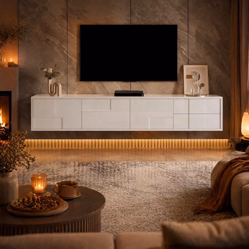 Mobile TV moderno bianco con 3 ante e 2 cassetti, sospeso o da terra, L: 170 cm, P: 30,5 cm, H: 30 cm – 2