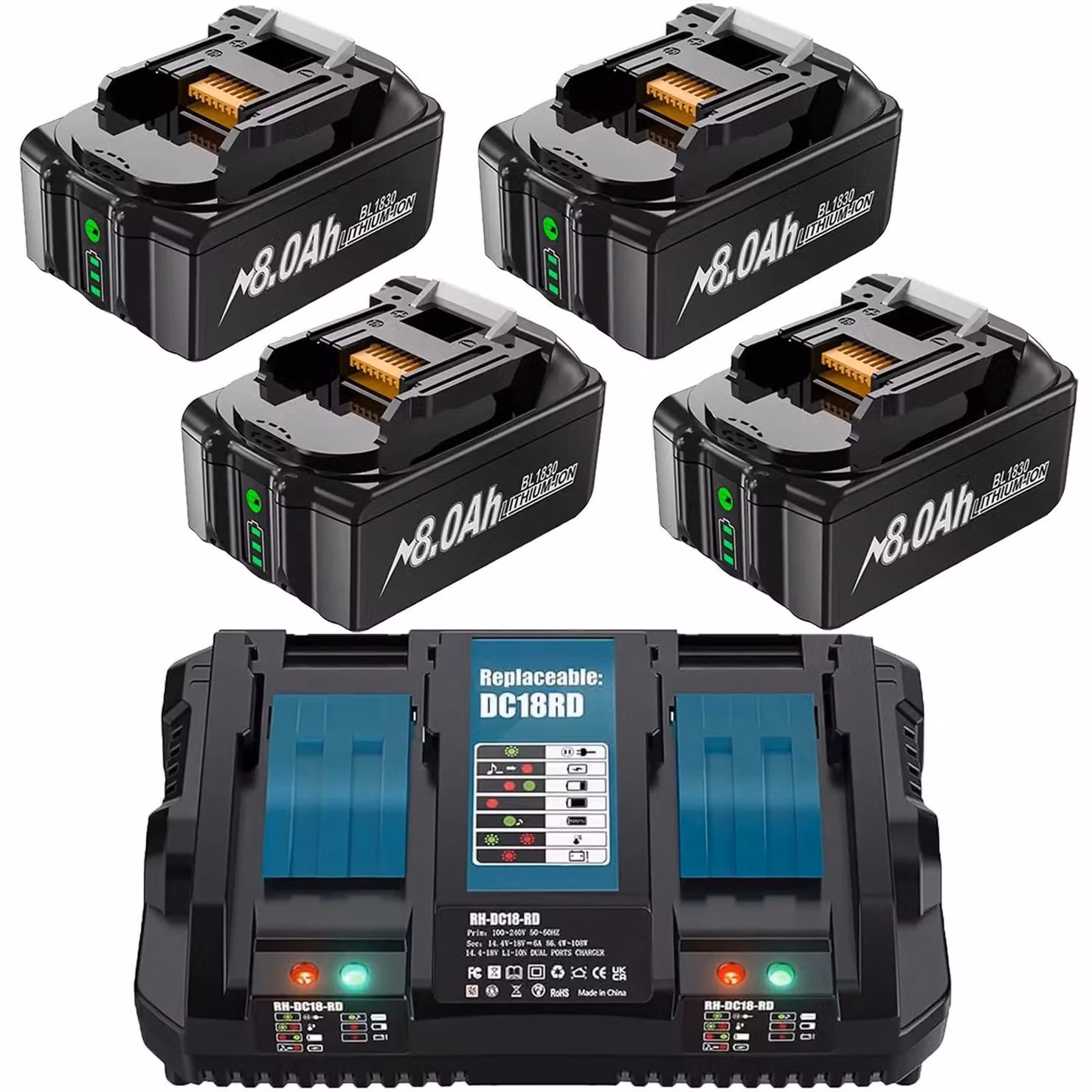Set di batterie da 18 V per utensili elettrici - Batterie di ricambio compatibili con BL1830/BL1850/BL1860 - 8,0 Ah 8000 mAh agli ioni di litio - Caricabatterie rapido da 6 A - Confezione da 4 - Celle 18650