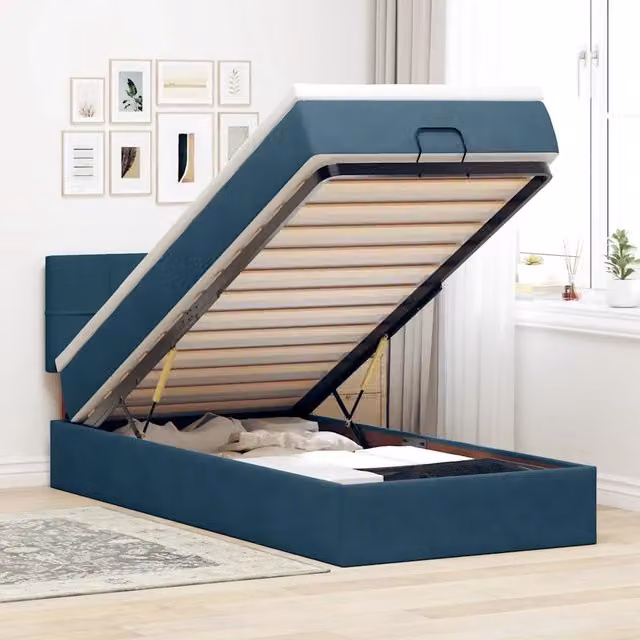 Letto con contenitore a sollevamento e materasso vidaXL in velluto blu e bianco L: 200 cm, P: 140 cm, H: 88 cm