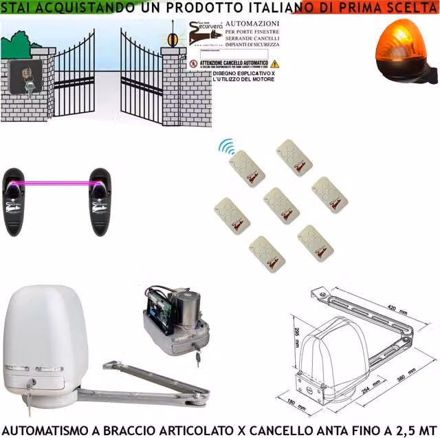 CANCELLO ELETTRICO KIT MOTORE A BRACCIO ARTICOLATO 220/24 V ANTA BATTENTE DA 0,5 A 2,5 MT CENTRALE 7 RADIOCOMANDI FARO SELETTORE 2 FOTOCELLULE