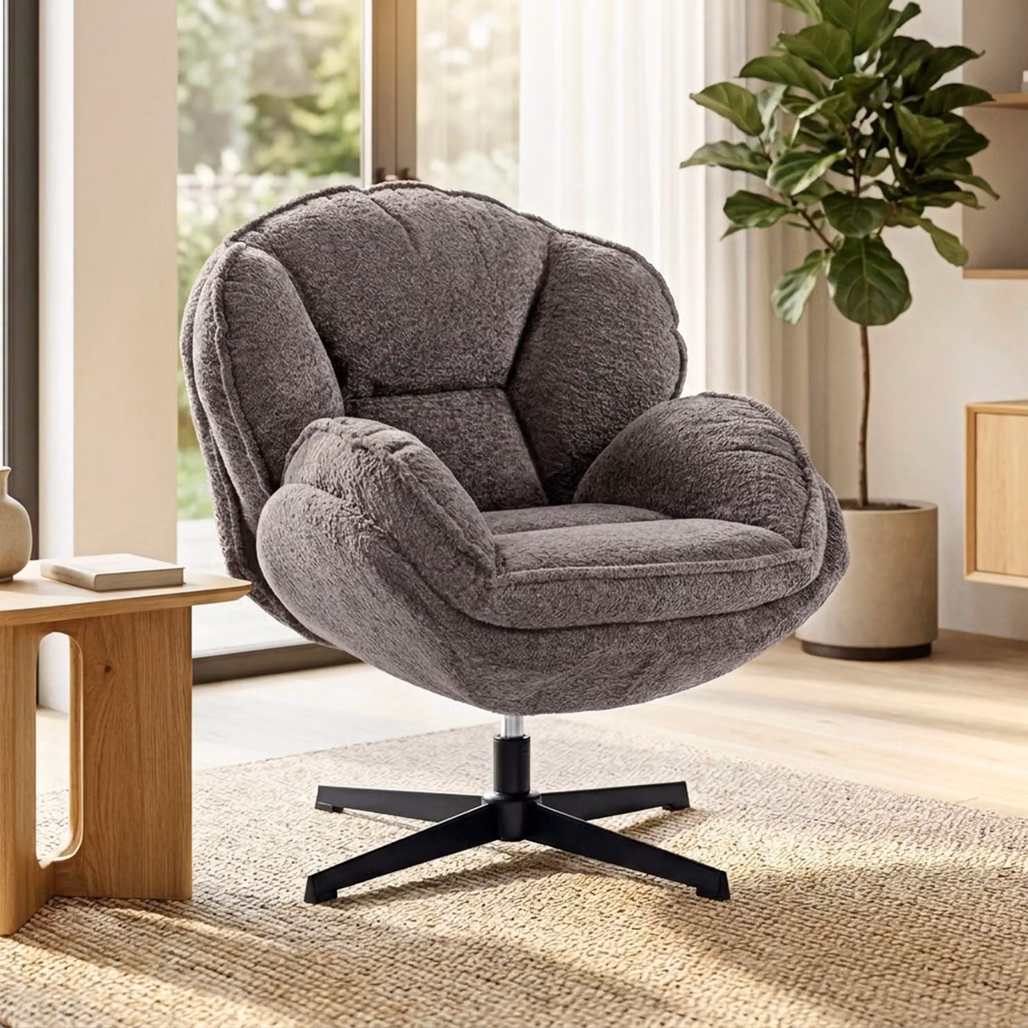 Poltrona wingback HOMCOM in velluto e bouclé grigio con base a stella girevole a 360° e braccioli – 2