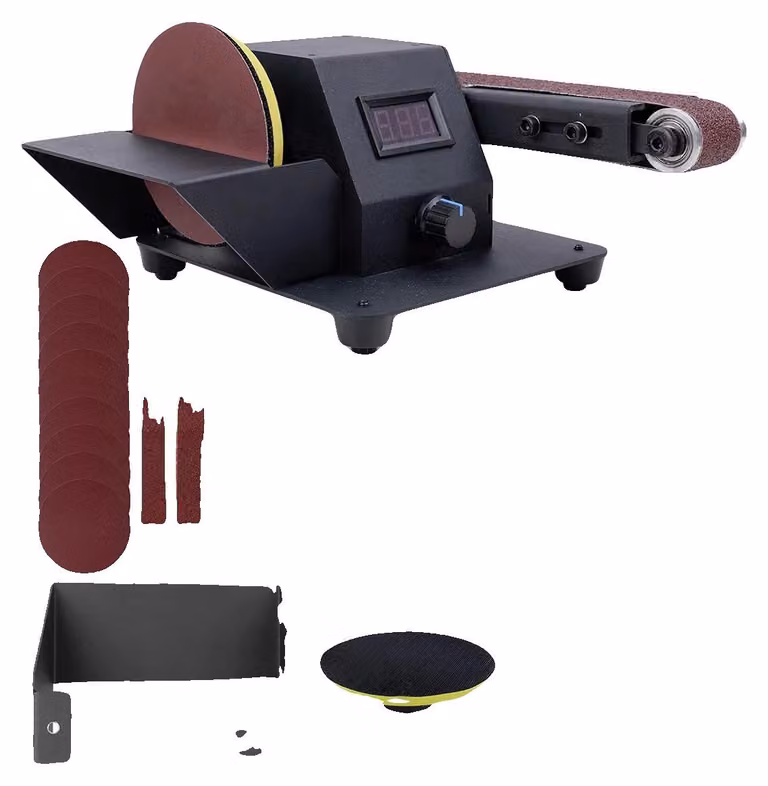 Levigatrice a nastro, potenza 350W, velocità 6000 giri/min, piano di lavoro regolabile, dimensioni del nastro abrasivo 380x30 mm, adatta per legno e metallo