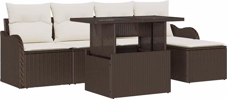 Set da esterno con cuscino 6 pcs Marrone Poly Rattan