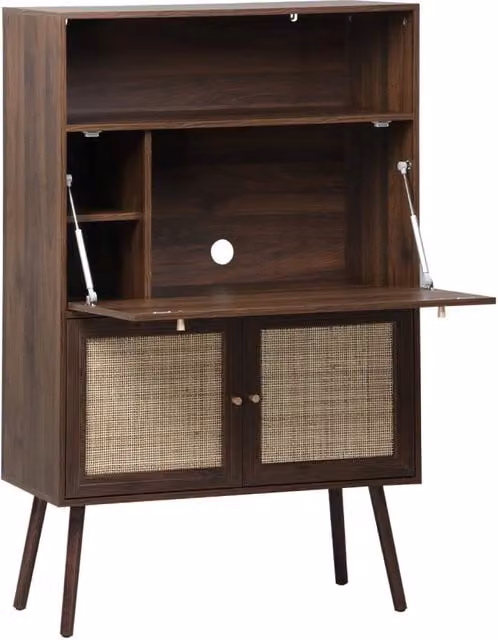 Scrittoio a secretaire Sweeek in stile boho con finitura effetto legno e canna da zucchero, colore marrone, L: 138 cm, P: 38 cm, H: 90 cm