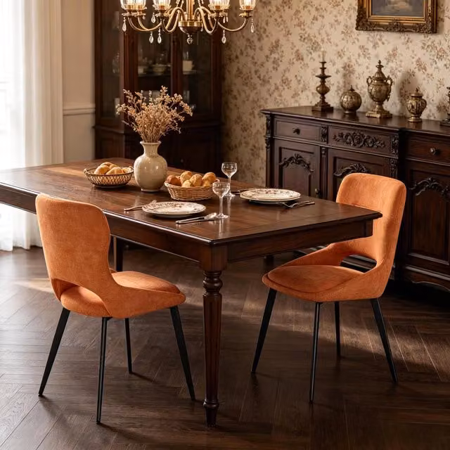 Sedia da sala da pranzo moderna in chenille con schienale traspirante e struttura in metallo arancione, set 2 pezzi