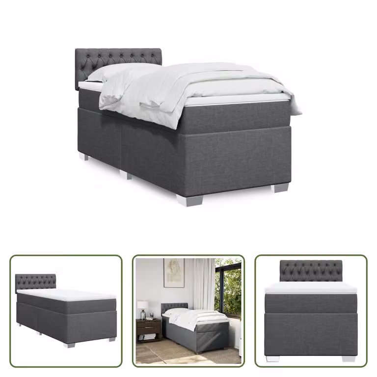 The Living Store Letto a molle con materasso grigio scuro 100x200 cm in tessuto