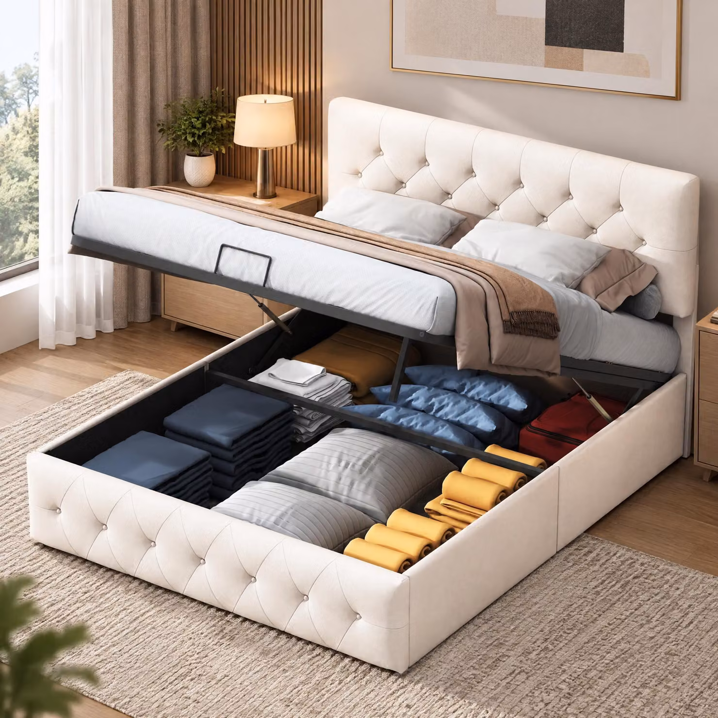 Letto con boxspring 140x200 cm con poggiatesta regolabile, letto contenitore con cassone, letto imbottito con boxspring e contenitore, rivestito in velluto, colore pesca