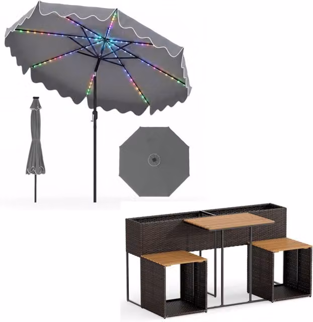 Ombrellone da esterno inclinabile 30¡ã e tavolo e sedie in rattan PE, Ombrellone da giardino e set di mobili da patio Marrone