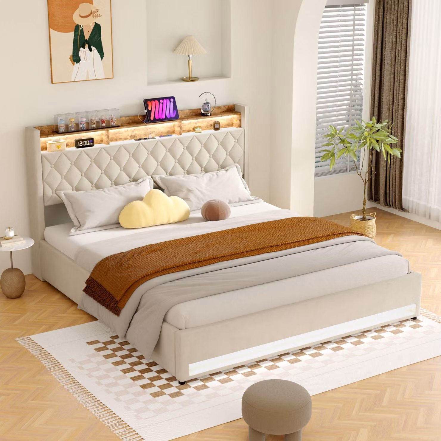 Letto matrimoniale MODFU 180×200 imbottito con illuminazione a LED, USB e prese, letto contenitore per giovani con testiera e ripiano, struttura letto per camera da letto, senza materasso, beige