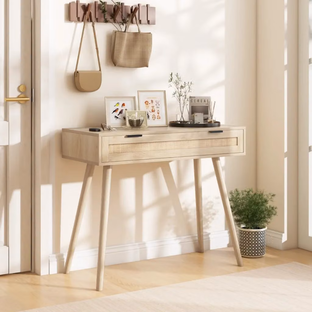 Tavolo consolle in rattan e legno stile boho Design Mania, colore beige, L: 88 cm, P: 40 cm, H: 77 cm – 2