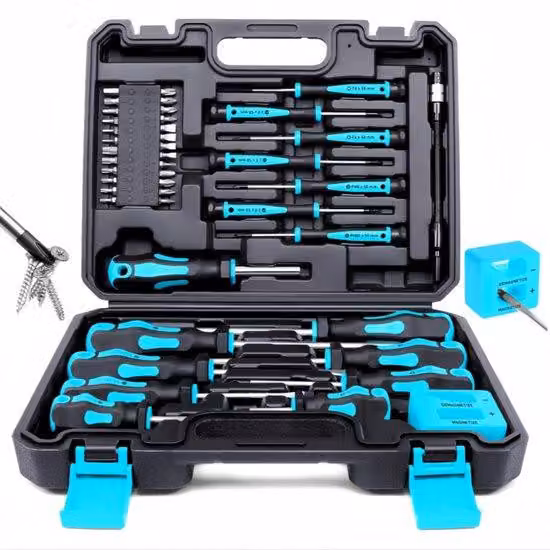 Set di cacciaviti magnetici da 43 pezzi (con valigetta), comprendente cacciaviti piatti, a croce, a Esagono, Torx e di precisione, con funzione di magnetizzazione e smagnetizzazione, utensili da uomo (blu).