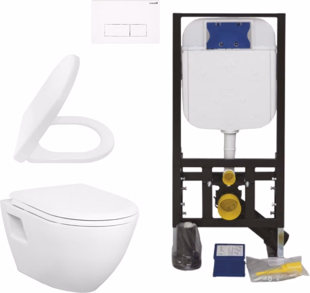Set completo per WC sospeso Creavit, colore bianco, composto da: vaso WC in Vetroceramica, copriwater con sistema di chiusura rallentata, cassetta di scarico nascosta e pannello di supporto. Capacità della cassetta di scarico: 3/6 litri