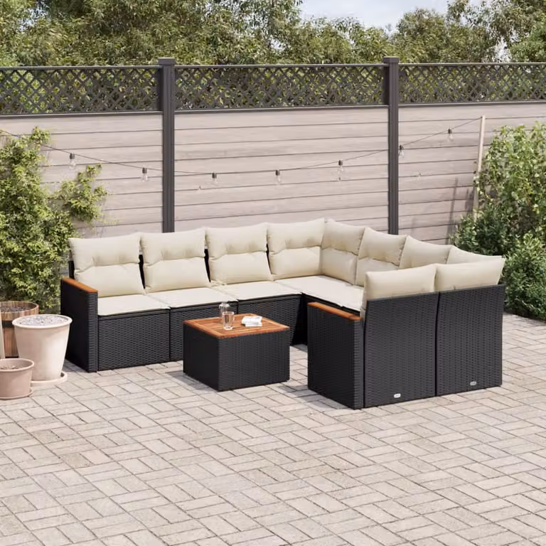 Set di divani da giardino vidaXL 9 pz a forma di L con cuscini bianchi e nero in rattan e struttura in acciaio rivestito in polvere