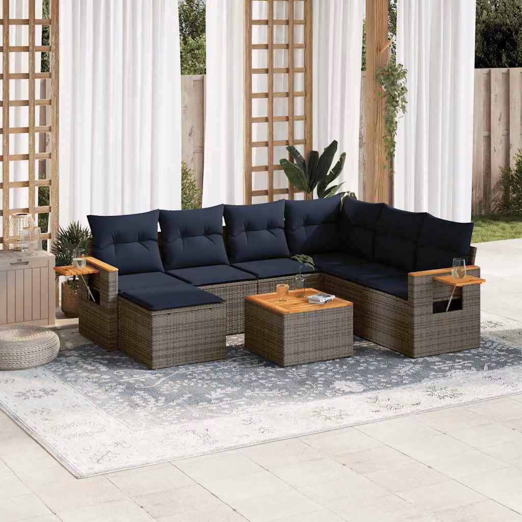 vidaXL Set Divani da Giardino a L 8 pz in Polyrattan con Cuscini Grigio e Blu – 1
