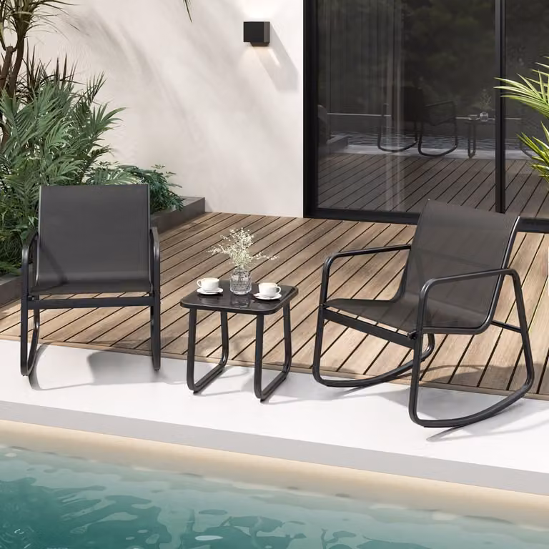 Set da giardino Costway composto da 2 sedie bistrot a dondolo e tavolo con piano in vetro, colore nero