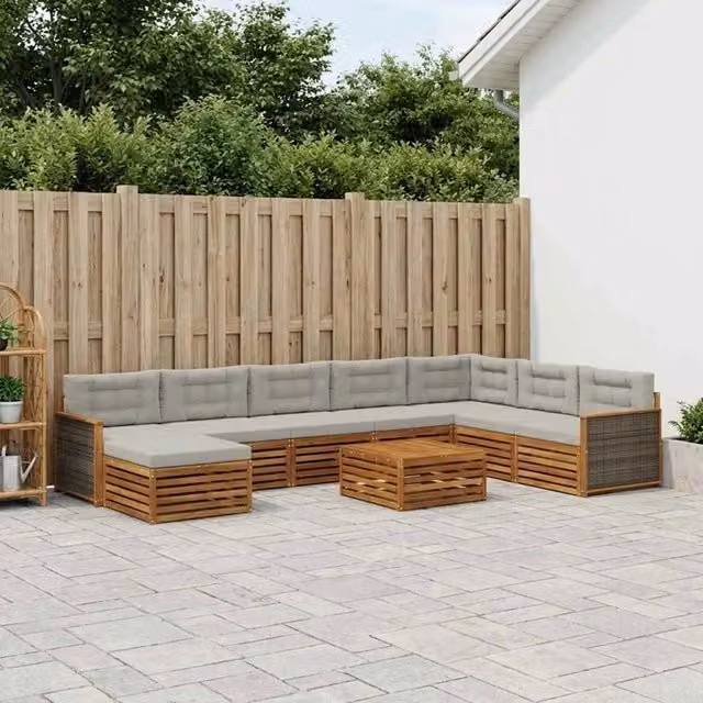 Set di divani da esterno a forma di U vidaXL in legno di acacia con tavolino e pouf, 9 pezzi, Marrone, Grigio e Beige