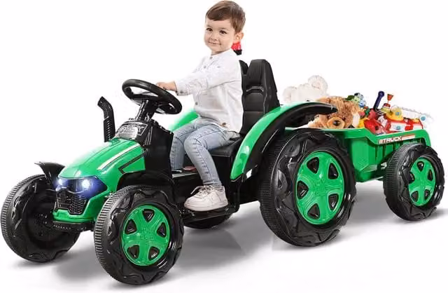 Costway Trattore Elettrico per Bambini con Rimorchio e Telecomando, Giocattolo 2 in 1 Verde con Batteria Ricaricabile e Luci e Suoni – 1