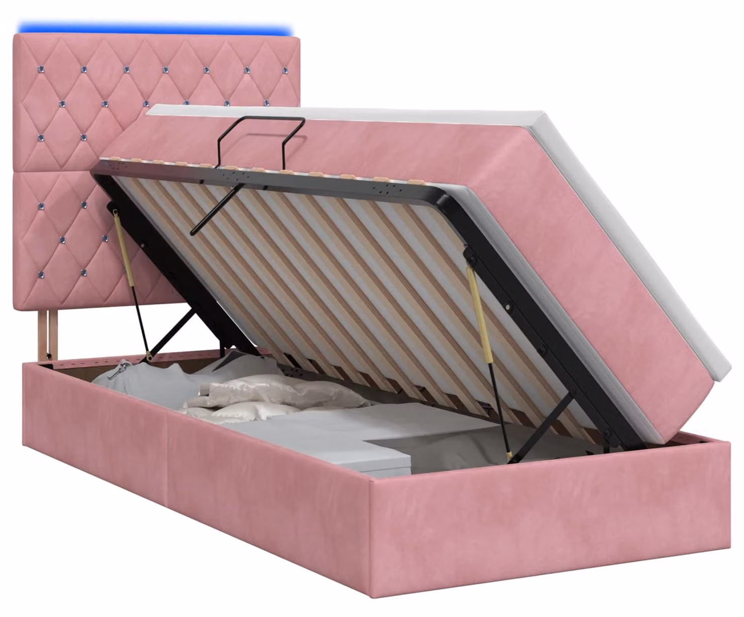 Letto imbottito con tecnologia LED e materasso rosa, dimensioni 100 x 200 cm, rivestito in velluto