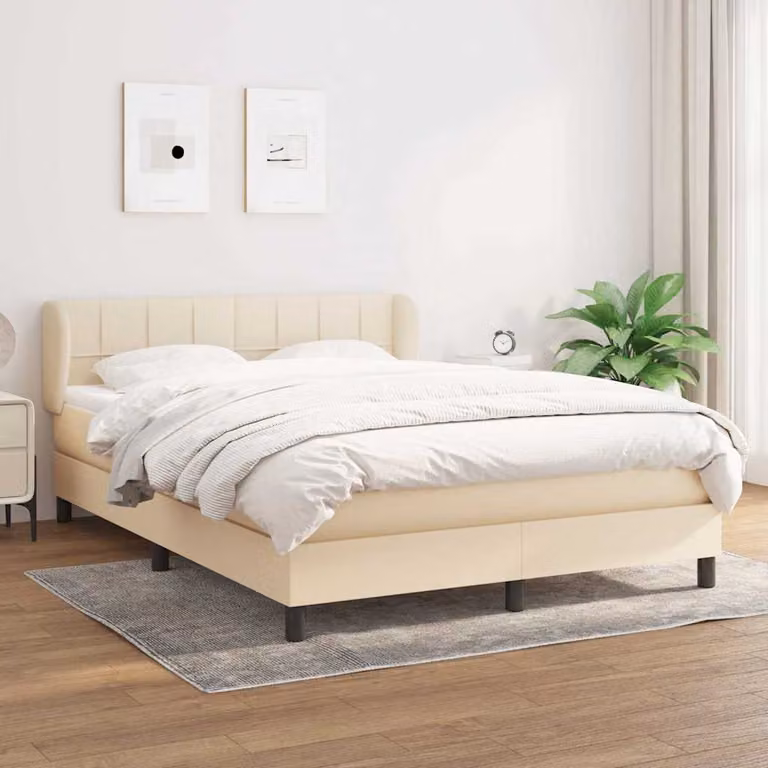 vidaXL Giroletto a Molle con Materasso Ibrido in Tessuto Beige e Bianco L/P/H: 140 x 200 x 88 cm