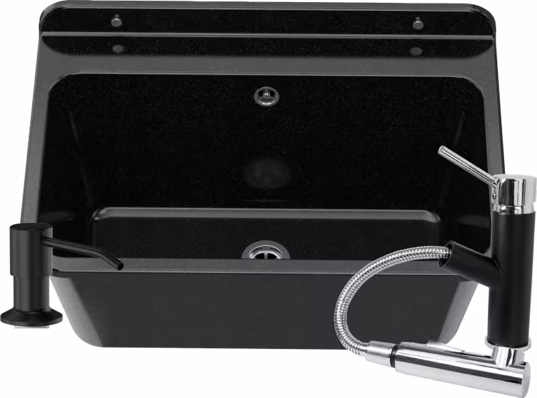 Granitan - Lavatoio - Lavandino 61x41 cm - Lavello nero - con miscelatore CADO e sifone - LARGE