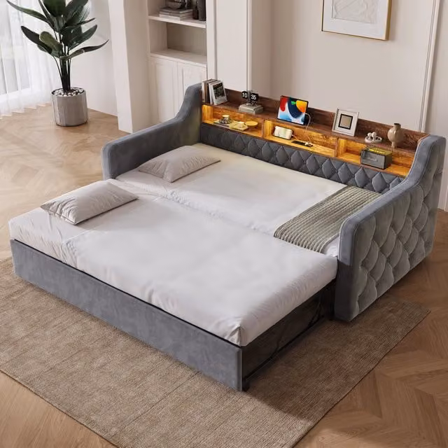 Divano letto in velluto grigio scuro 90x190 cm con letto estraibile, braccioli, luce LED, USB/Type-C e contenitore