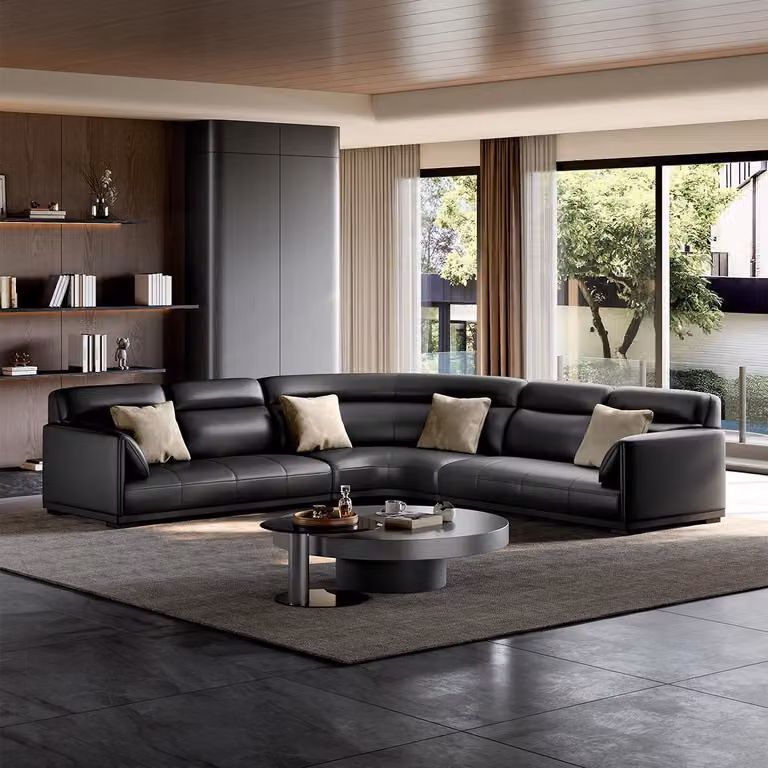 Divano ad angolo nero, stile moderno, gambe in legno, braccioli morbidi, ecopelle