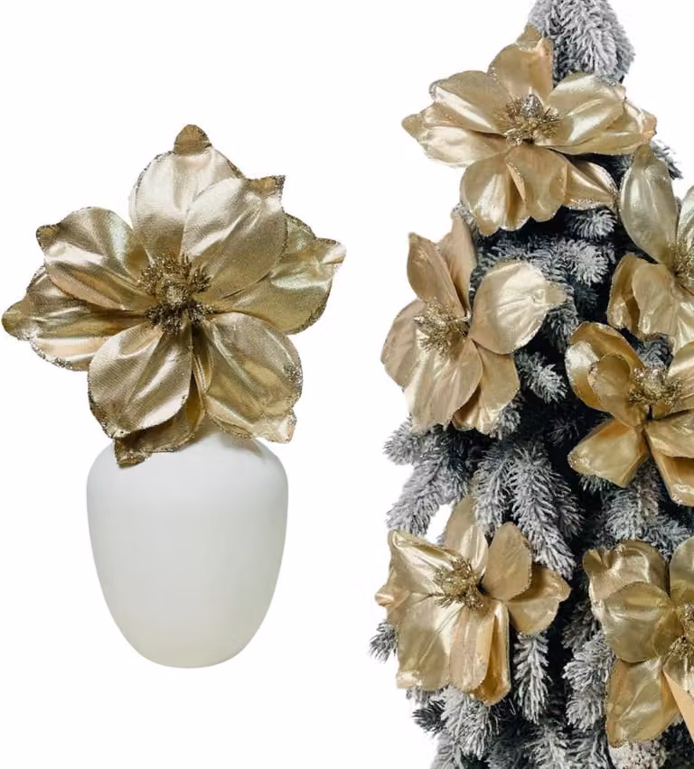 Magnolia champagne su pizzo metallizzato - Fiori per albero di Natale 26 cm