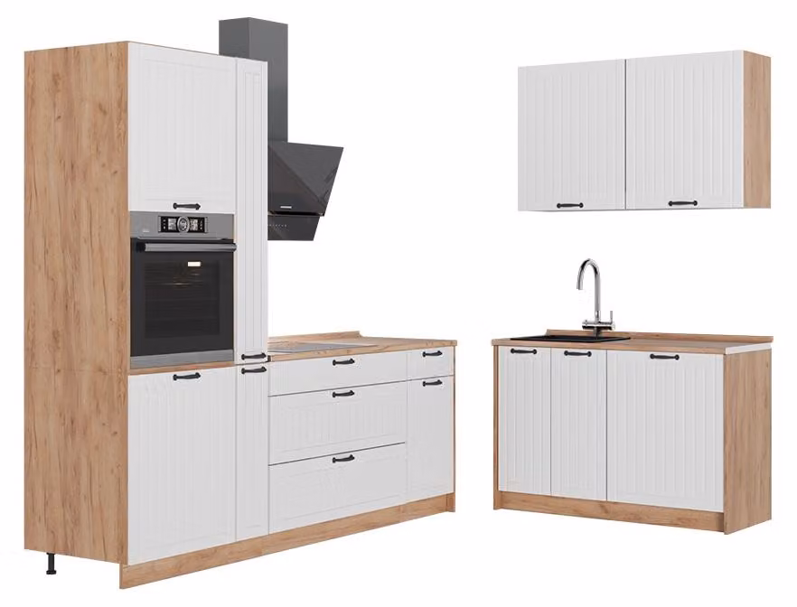 Cucina Vicco Fame-Line Bianco rustico/Rovere dorato 220 x 120 cm, PL Rovere, Model 65000