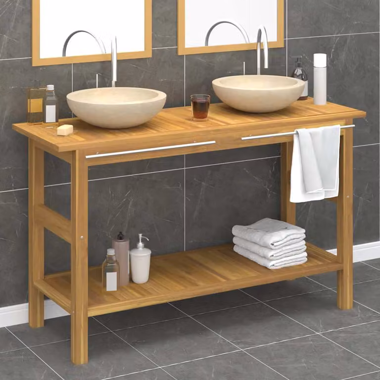 Mobile Vanità da Bagno vidaXL in Legno di Teak e Marmo Crema Beige e Marrone