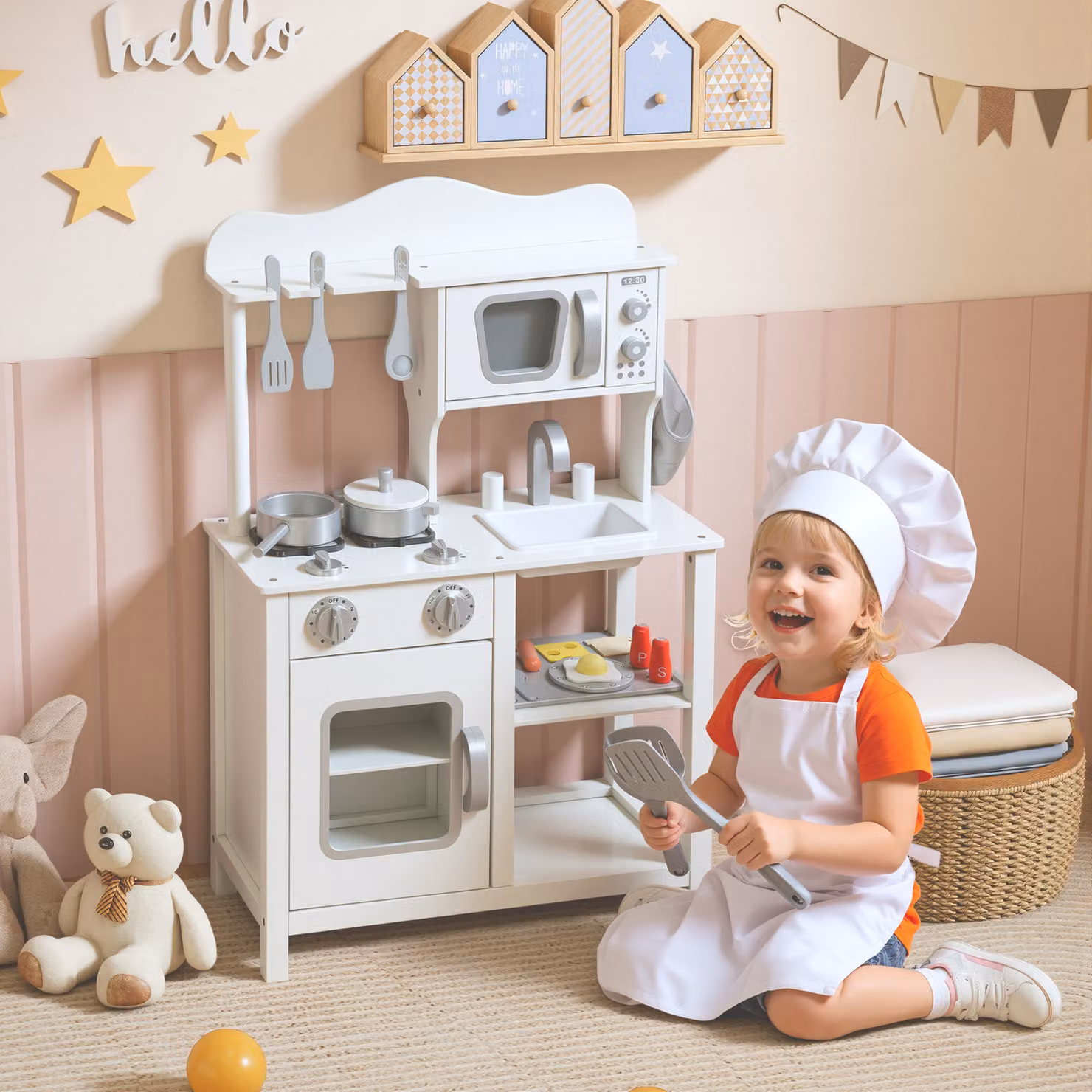Cucina giocattolo in legno AIYAPLAY con accessori lavello e microonde per bambini, colore bianco, marca Aosom – 2