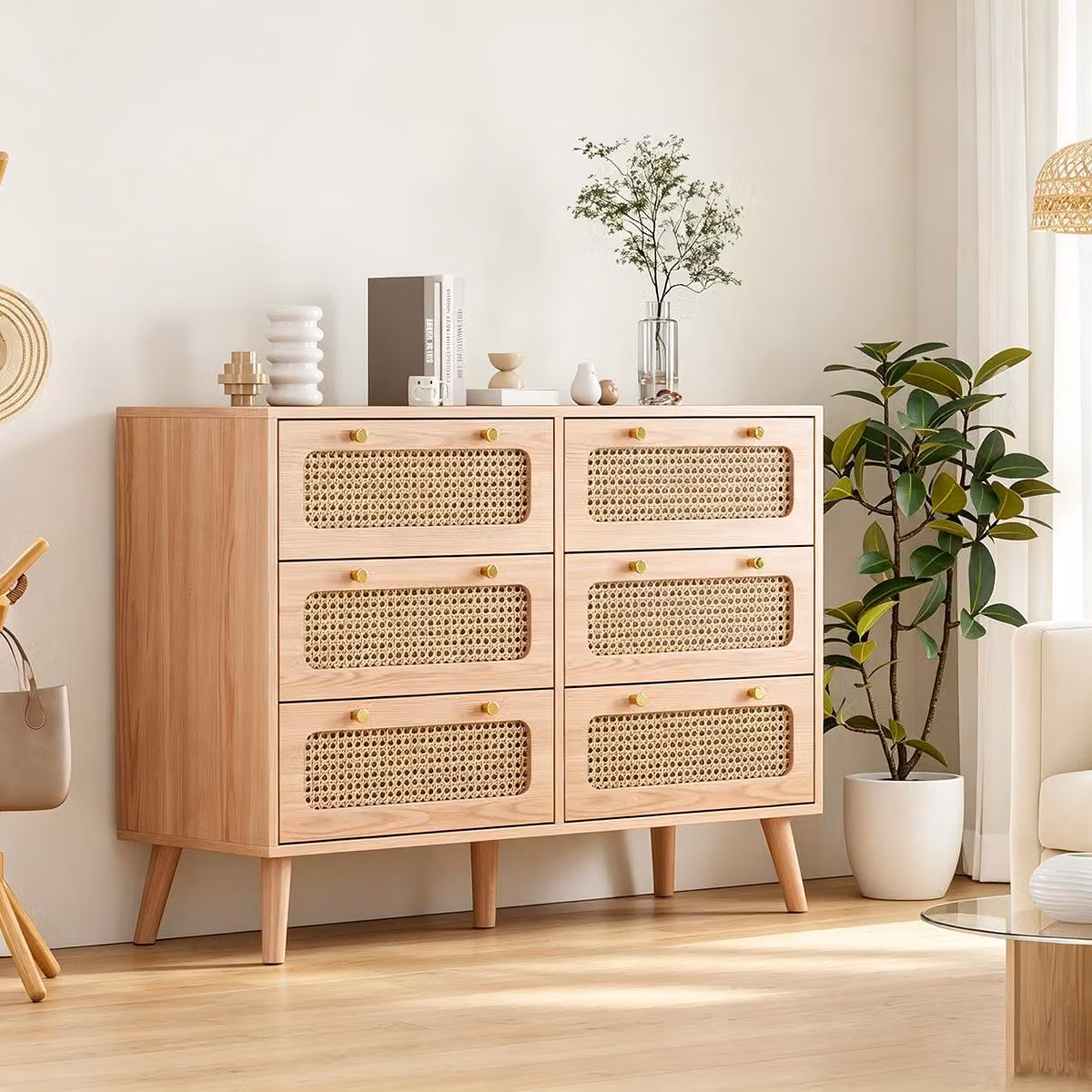 Comodino INONEFT con 6 cassetti, ideale per la camera da letto, realizzato in legno. Mobile contenitore con cassetti, perfetto per l'organizzazione e l'archiviazione