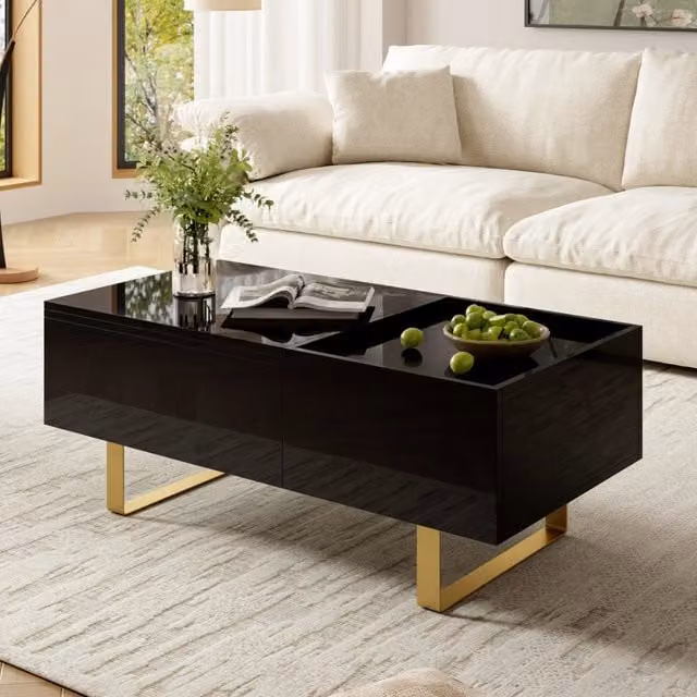 Tavolino basso alzabile con vano nascosto e cassetto estraibile in MDF nero lucido 100 × 50 × 54.5 cm