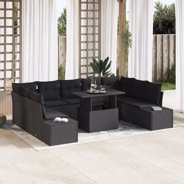 Set Divano da Giardino a L con Tavolino vidaXL, 10 Pezzi, Nero