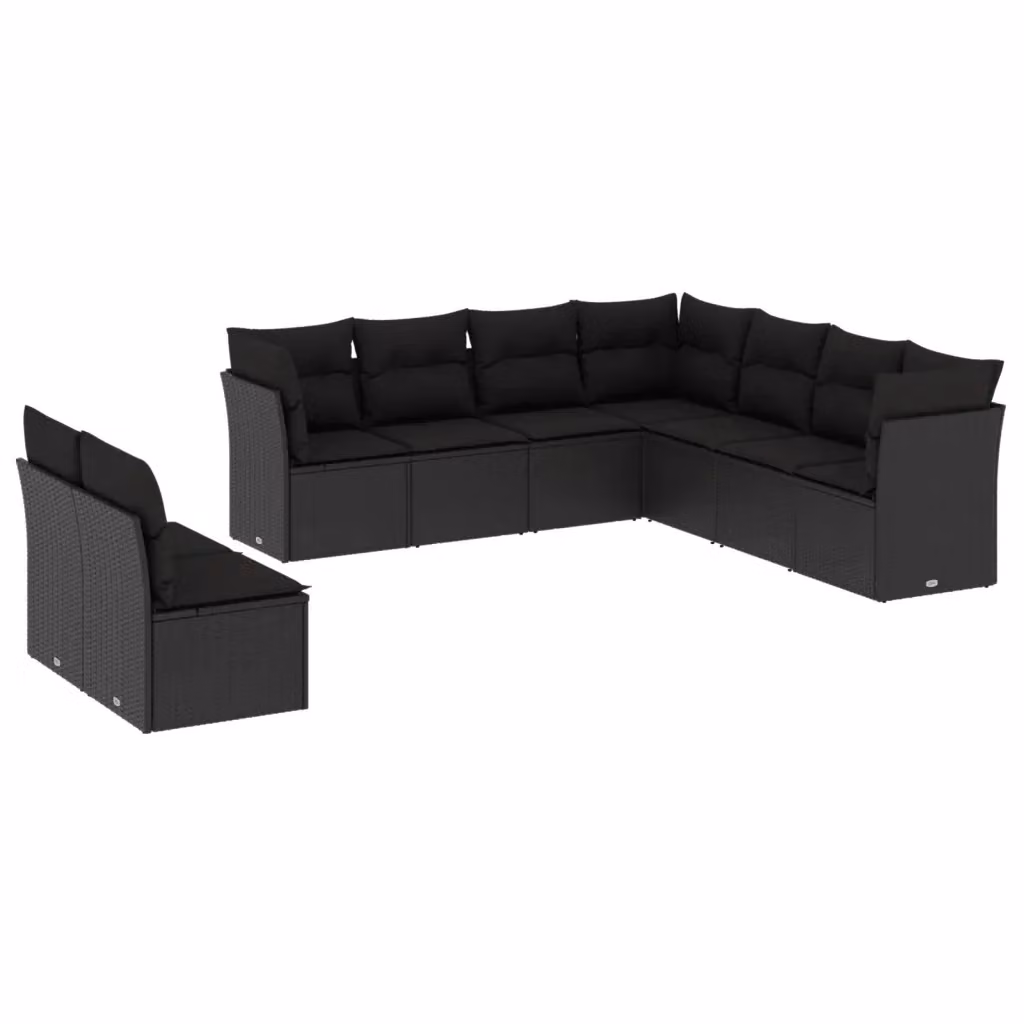 Set di divani da giardino vidaXL a forma di L composto da 9 pezzi con cuscini, colore nero, in polyrattan e struttura in metallo – 2