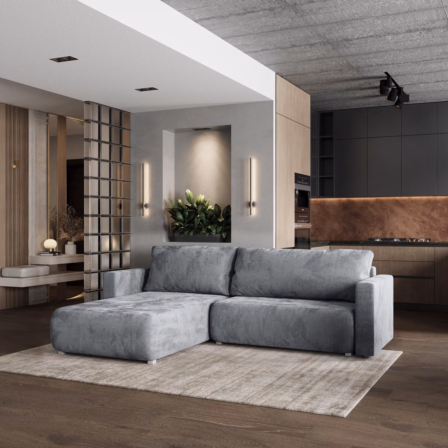 Divano angolare Masseno TURIN M con funzione letto a L, divano con box letto, divano da salotto, divano, divano, divano letto, set di divani - grigio chiaro, MONOLITH 84
