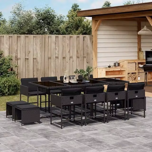 Set da Pranzo da Giardino 13pz con Cuscini Nero in Polyrattan 3211339