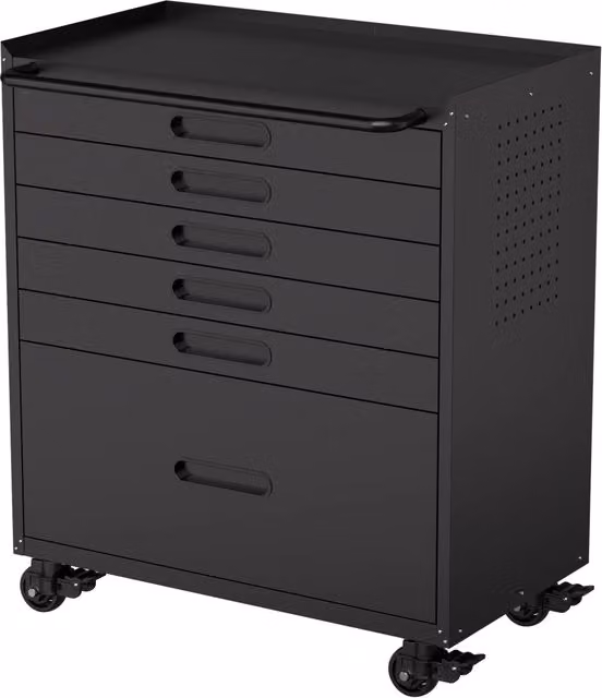 Cassettiera da officina in metallo nero con 6 cassetti, pannelli forati e 10 ganci su ruote, L: 75 cm, P: 42 cm, H: 87.3 cm