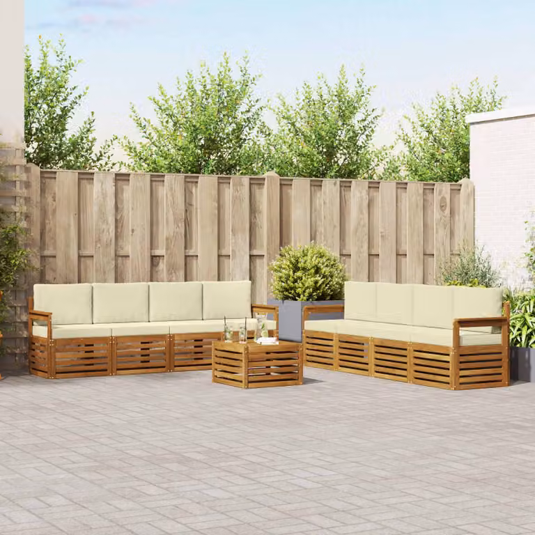 vidaXL Set di divani da esterno 9 pz in legno di acacia con cuscini, colore beige, bianco e marrone