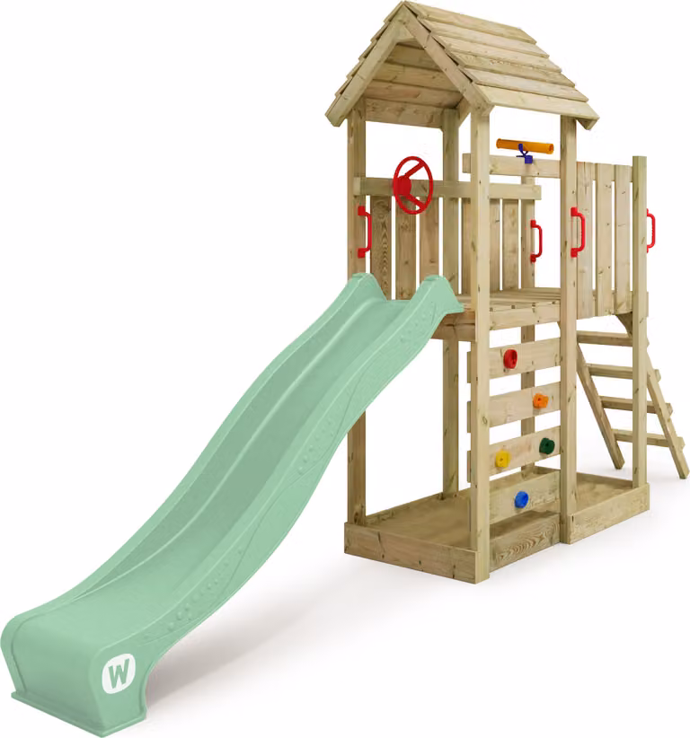 Torre giochi Wickey JoyFlyer con scivolo e parete da arrampicata, colore verde chiaro
