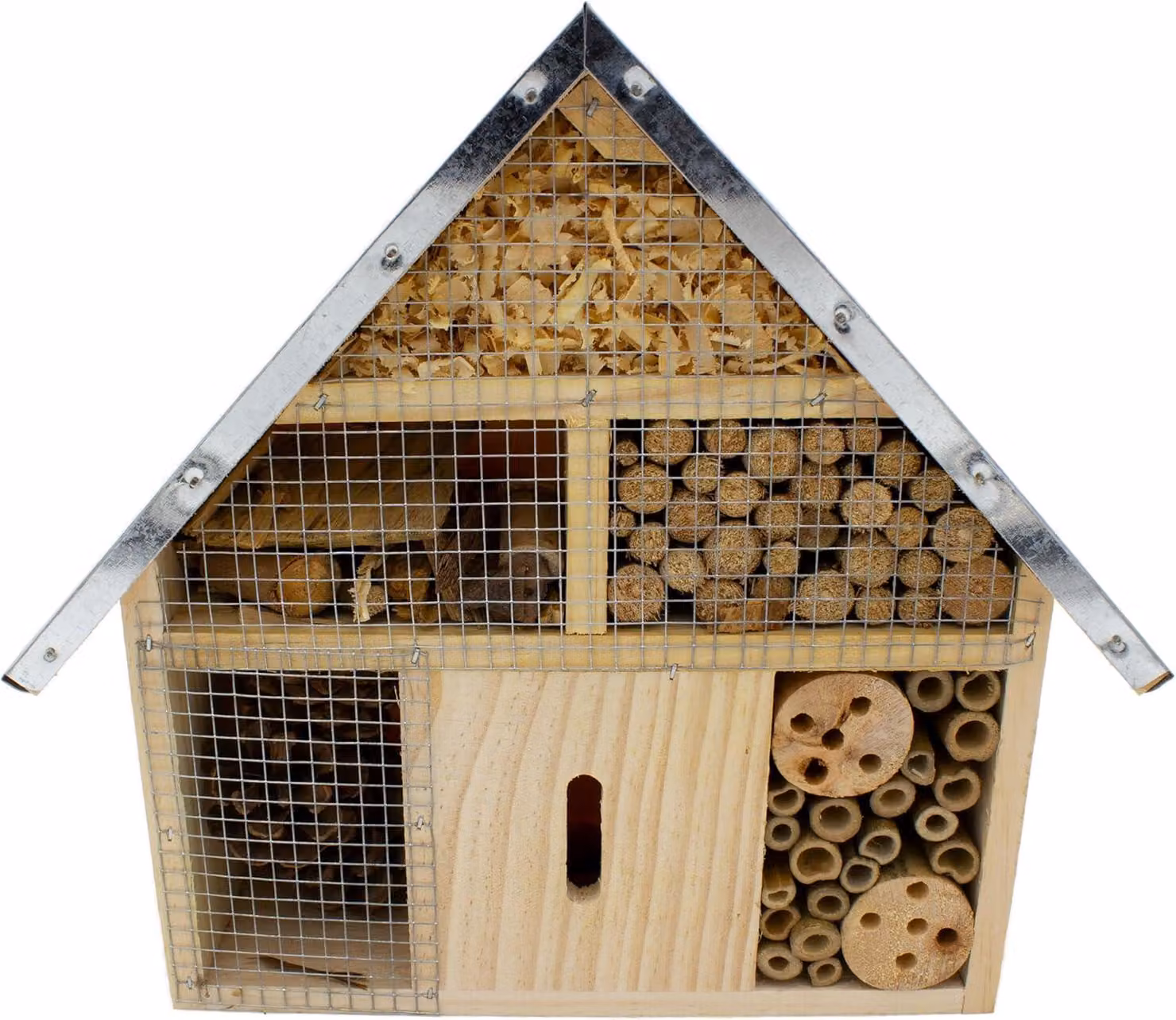 mucHome Hotel per insetti Altezza 28 cm in legno naturale con tetto in metallo, resistente alle intemperie, aiuto per la nidificazione di api, api selvatiche, coccinelle e farfalle, rifugio per api
