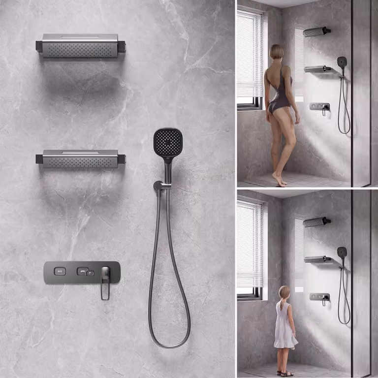 Sistema doccia da parete, 4 modalità, rotazione a 360°, dimensioni 350x90 mm, in ottone