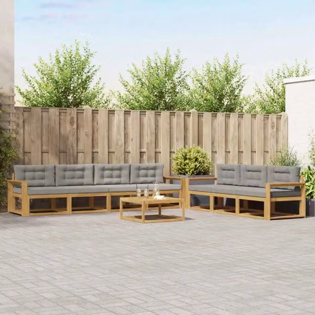 Set di divani da esterno a forma di U con tavolino vidaXL in legno di acacia, 7 pezzi, Bianco e Grigio – 1