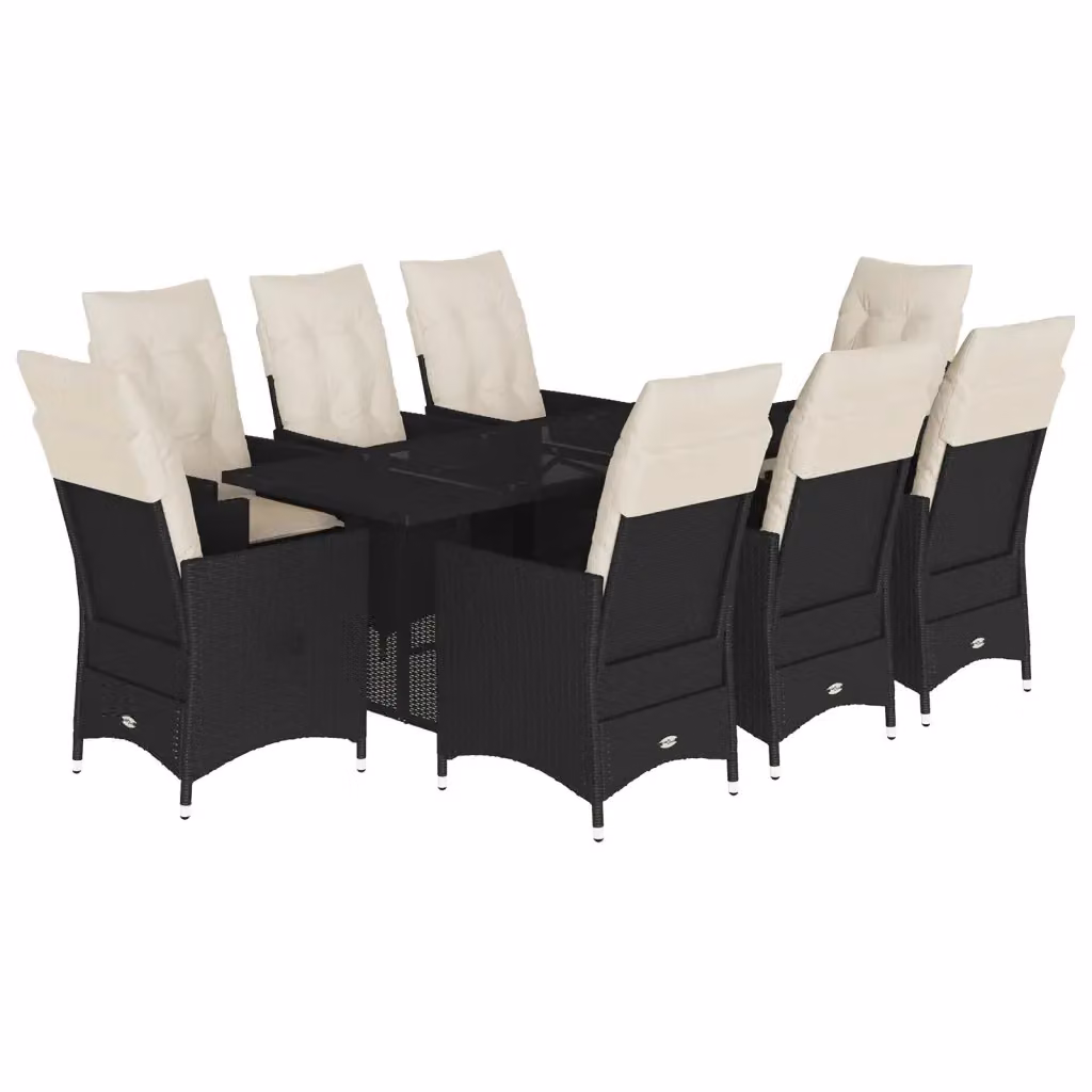 Set da Pranzo da Giardino vidaXL in Polyrattan Nero con Cuscini e Tavolo in Vetro, 9 Pezzi – 2