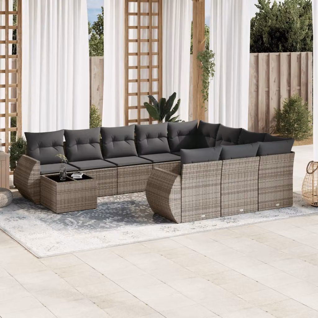 vidaXL Set Divani da Giardino 11 pz in Polyrattan Grigio con Cuscini e Tavolino da Caffè – 1
