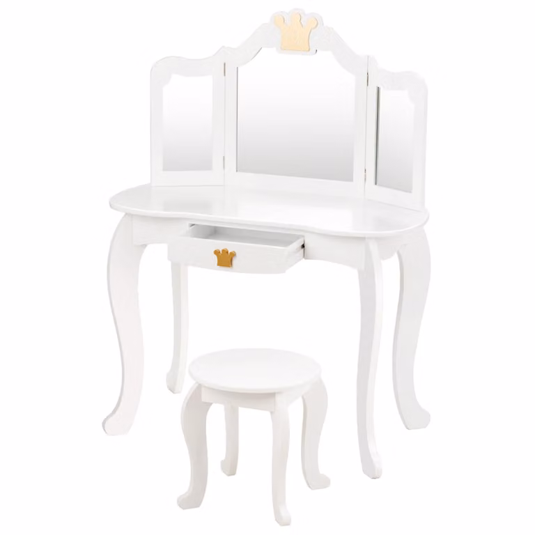 Tavolino per bambini HW65299WH con sgabello e specchio estraibile, tavolino per bambini con cassetto, in legno, 80x42x106 cm, bianco