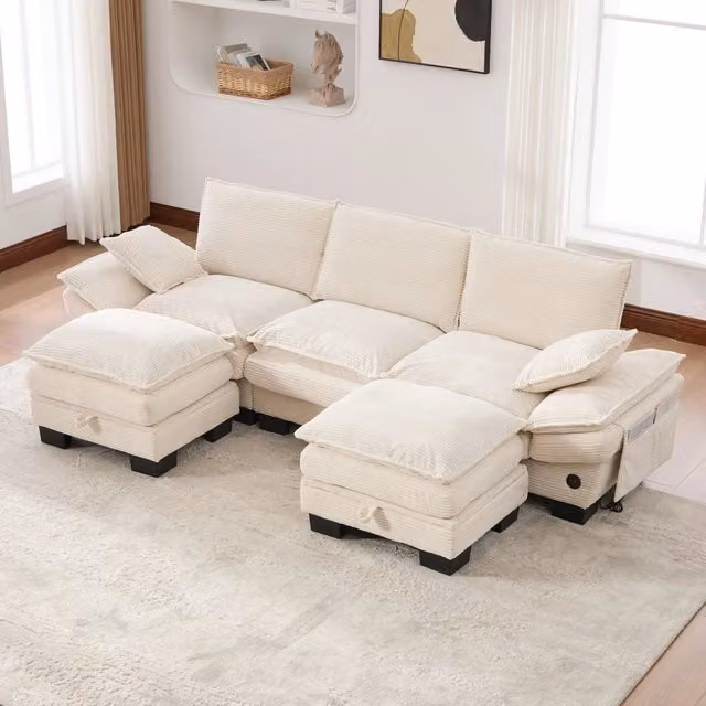 Divano 3 Posti con 2 Poggiapiedi in Velluto a Coste ¨C MINIMAL ¨C Beige, Imbottito, con USB-C e Tasche Laterali