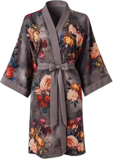 Kimono corto per donne - Abito da notte con tasche fiori (Nero Grigio)