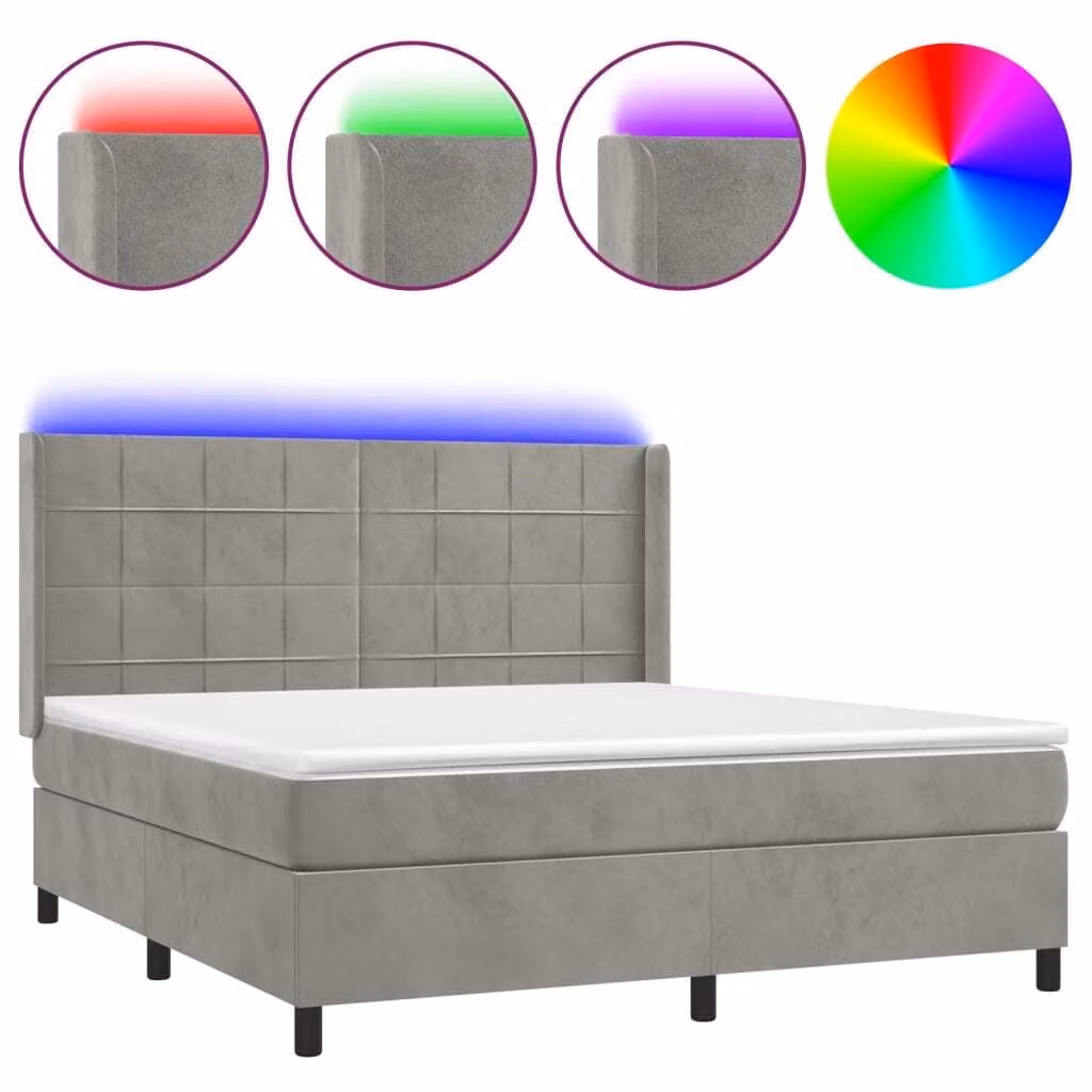 Letto a Molle Materasso e LED Grigio Chiaro 180x200 cm Velluto